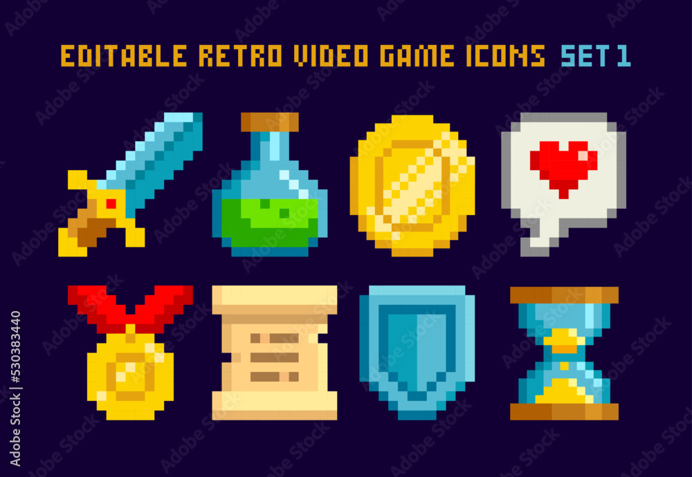 Poster 8-bt game pixel objects set 2 - editable vector. retro game loot icons in 8 bit style. pixel graphic