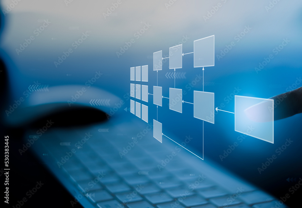 Fototapete business process and workflow automation with flowchart, businessman in background