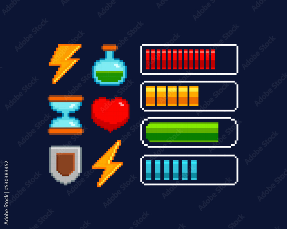 Poster pixel art battery charge scale icon. health and energy load bar. energy, mana, armor, health and tim