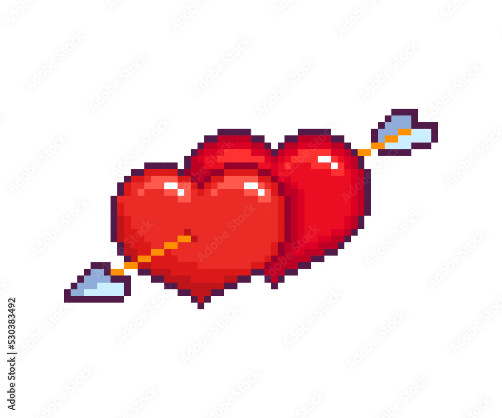 Poster 8-bit pixel art hearts with arrow - editable vector. pixel couple hearts in retro computer game styl