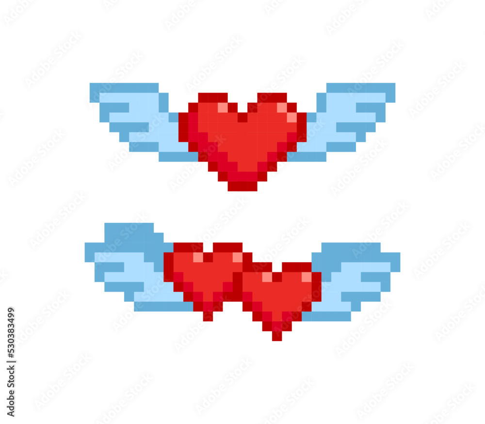 Poster 8-bit pixel hearts with wings - isolated vector. pixel art hearts icons in retro video game style. s