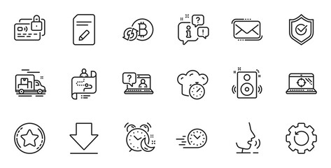 Outline set of Edit document, Approved shield and Card line icons for web application. Talk, information, delivery truck outline icon. Include Seo laptop, Refresh bitcoin, Loyalty star icons. Vector