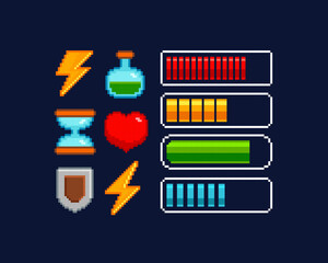 Pixel art Battery charge scale icon. Health and Energy load bar. Energy, Mana, Armor, Health and Time icon set in 8-bit retro game style. Retro pixel game or app interface elements © VRTX