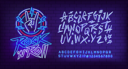 Rock Music Neon Light sign with type font - editable vector template. Neon tube letters design for Rock music, Bar Light sign. Neon font. Rock Party cyberpunk style lettering design