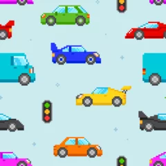 Crédence de douche en verre acrylique avec photo Course de voitures Pixel Art Cars seamless pattern. 8-bit game style pixel graphics city transport. Puxel transport background. Editable pixel Racing Cars. Isolated vector illustration
