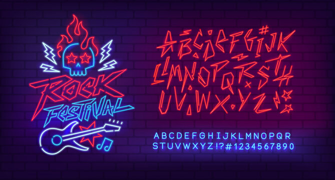 Rock n Roll music Neon Light sign with type font - editable vector template. Neon tube letters design for Rock music, Bar Light sign. Neon font. Rock Festival cyberpunk style lettering design 