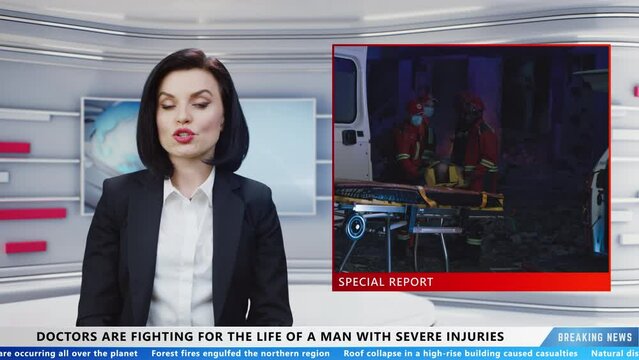 Female presenter in television studio on live news channel commenting latest news about injured elderly man after disaster