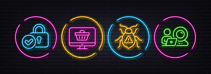 Web shop, Software bug and Verified locker minimal line icons. Neon laser 3d lights. Video conference icons. For web, application, printing. Shopping cart, Cyber virus, Protection locker. Vector
