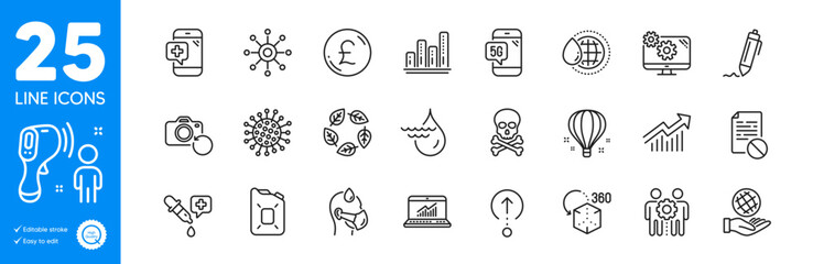 Outline icons set. Settings, Coronavirus and Canister oil icons. Employees teamwork, Multichannel, Graph chart web elements. Sick man, Augmented reality, Demand curve signs. Vector