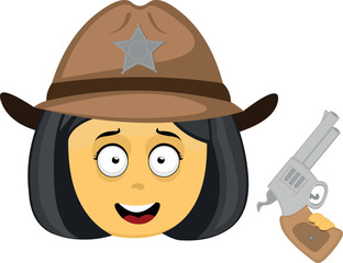 Vector emoticon illustration of the face of a woman cartoon sheriff cowboy with a hat and a gun in his hand	