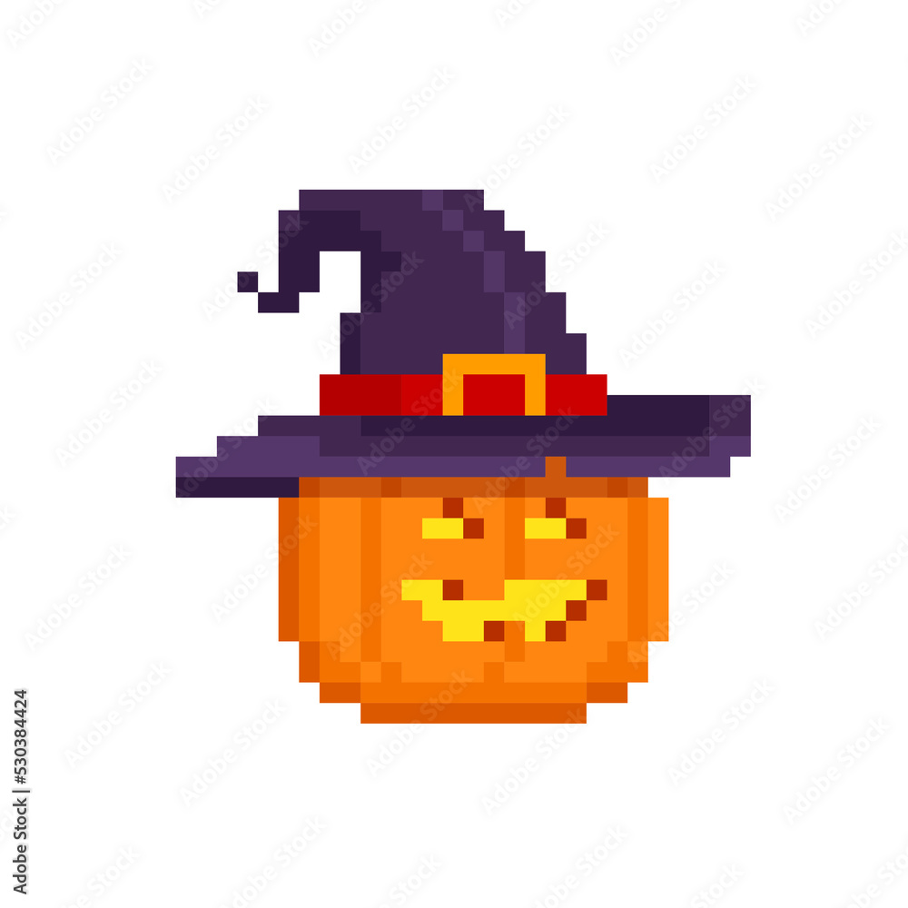 Poster vector pixel art pumpkin head in witch's hat. pixel funny halloween pumpkin in retro computer game s