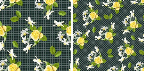 Two Vector floral seamless pattern bouquets flowers daffodils and yellow rose, plaid dark green background, for fabric design, wallpaper, wrapping paper