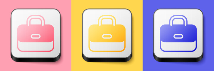 Isometric Briefcase icon isolated on pink, yellow and blue background. Business case sign. Business portfolio. Square button. Vector