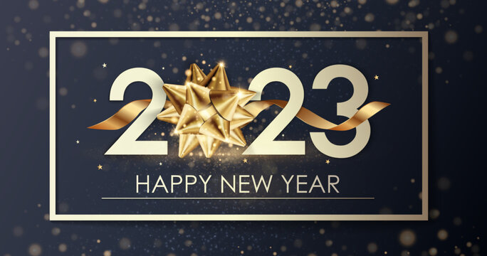 Happy new year 2023. Luxurious white numbers and gold splash. Greeting card design template. Party poster, banner for invitation gold glittering stars confetti glitter decoration. Vector background