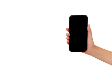 Close up of female hand holding black smartphone, isolated on white studio background wall with...