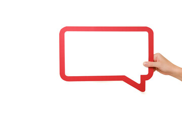 Close-up of female hand holding big large empty speech bubble, posing isolated over white studio background wall with copy space for promotion content or design. Dialog, message and idea concept