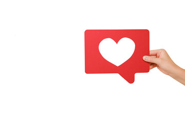 Appreciate content with heart button. Closeup of woman hand holding like icon of social media,...