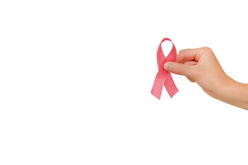 Close up of female hand holding pink ribbons, isolated over white studio background wall with copy...