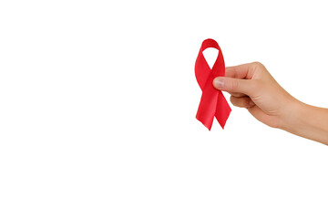 Close-up of female hand holding small red ribbon, posing isolated over white studio background wall with copy space for promotion content or design. HIV awareness concept, world AIDS day concept