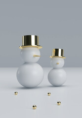 snowmen with golden hats, minimalist christmas scene. 3d render 