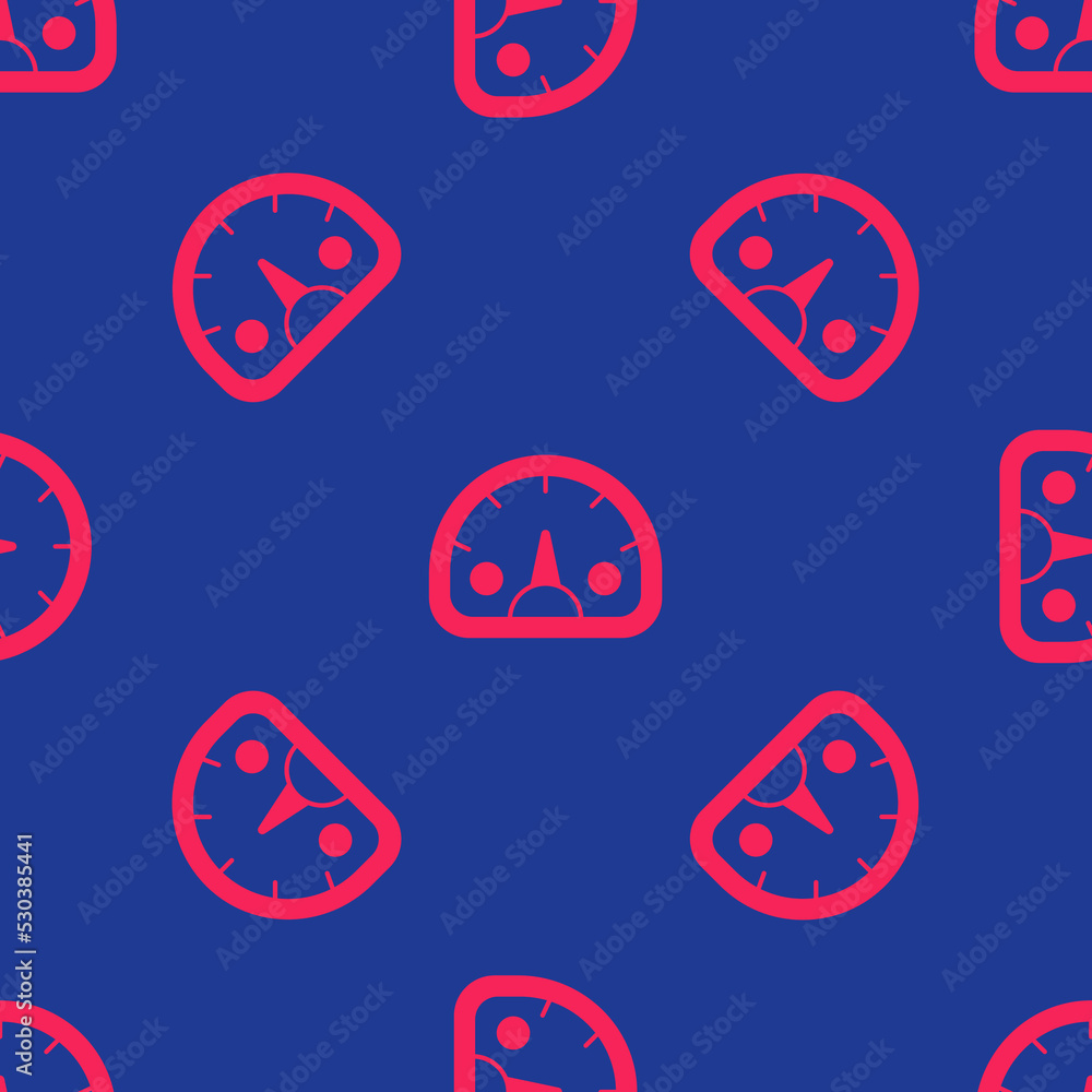 Poster red speedometer icon isolated seamless pattern on blue background. vector