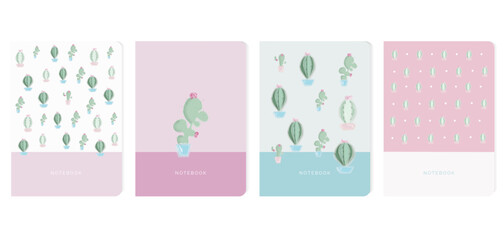 4 notebook diary cover with cactuses seamless pattern design scrapbook in pastel colors. Collection bundle set