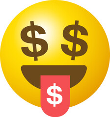 Emoticons with money eyes, Round abstract comic Faces. Social media icons. Yellow character Emoji , Cartoon style, png file.