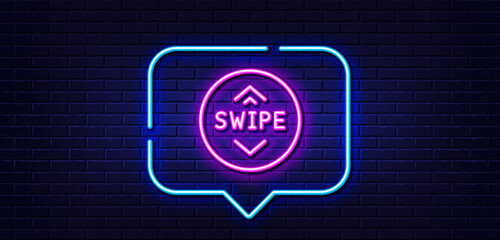 Neon light speech bubble. Swipe up button line icon. Scrolling arrow sign. Landing page scroll symbol. Neon light background. Swipe up glow line. Brick wall banner. Vector