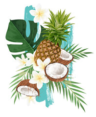 Tropical Collage With Pineapple, Monstera, Frangipani, Coconut & Palm Leaf