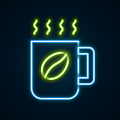 Glowing neon line Coffee cup icon isolated on black background. Tea cup. Hot drink coffee. Colorful outline concept. Vector