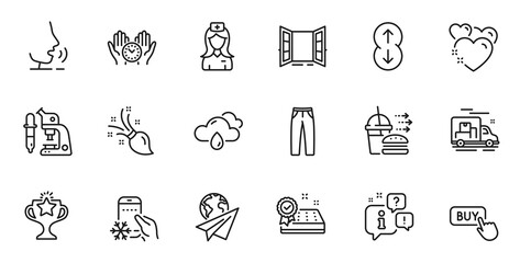 Outline set of Buy button, Microscope and Safe time line icons for web application. Talk, information, delivery truck outline icon. Include Heart, Mattress guarantee, Food delivery icons. Vector