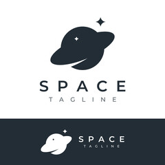 Obraz premium Space planet template logo vector design surrounded by rings or orbits. For posters, business cards, space science.