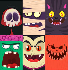 Halloween funny faces set of four characters. Cartoon heads of grim reaper, pumpkin Jack o lntern zombie, vampire and mummy. Vector illustration isolated. Party decoration or package design.