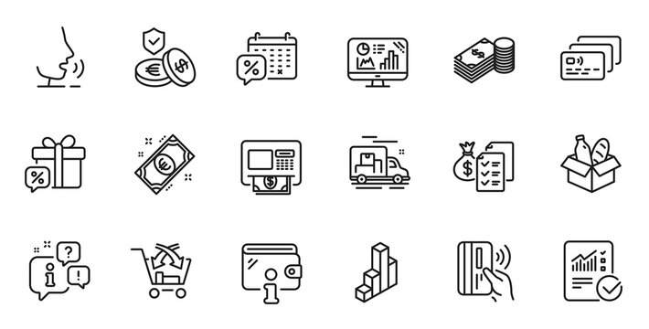 Outline set of Savings insurance, Sale gift and Checked calculation line icons for web application. Talk, information, delivery truck outline icon. Vector