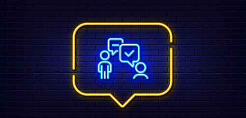 Neon light speech bubble. Consulting business line icon. Discussion or consultation sign. People communication management symbol. Neon light background. Consulting business glow line. Vector