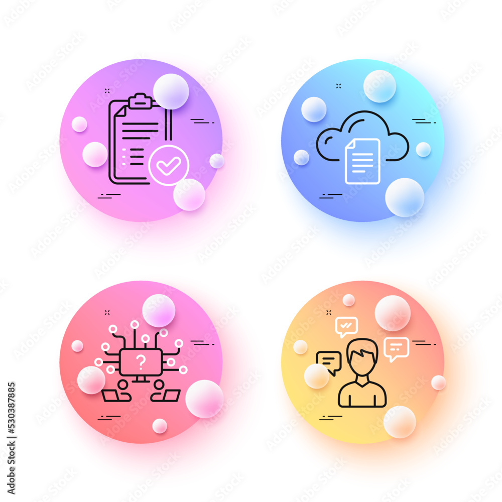 Poster conversation messages, approved report and file storage minimal line icons. 3d spheres or balls butt
