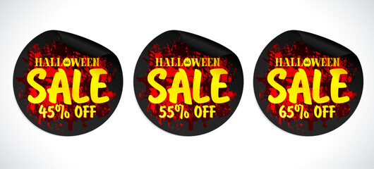 Halloween sale black stickers set. Grunge design concept style. Sale 45%, 55%, 65% off