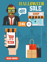 Halloween sale. Online shopping concept design flat with sales zombie consultation