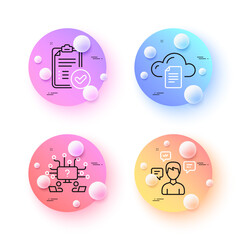 Conversation messages, Approved report and File storage minimal line icons. 3d spheres or balls buttons. Teamwork question icons. For web, application, printing. Vector
