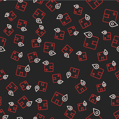 Line Location with cardboard box icon isolated seamless pattern on black background. Delivery services, logistic and transportation, distribution. Vector