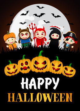 Happy Halloween poster. Funny kids in Halloween costumes and pumpkins