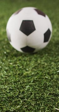 Vertical video of soccer ball lying on sport field