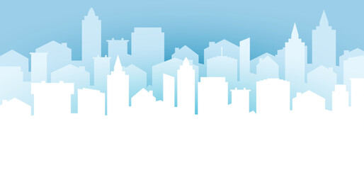Blue Cityscape. Cartoon urban skyline. City panorama, landscape, street, flat and office buildings. Wide horizontal panorama. Drawing silouette town view sky. Skyscrapers