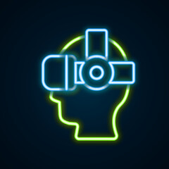 Glowing neon line Virtual reality glasses icon isolated on black background. Stereoscopic 3d vr mask. Optical head mounted display. Colorful outline concept. Vector