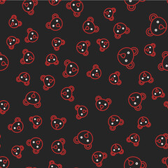 Line Teddy bear plush toy icon isolated seamless pattern on black background. Vector