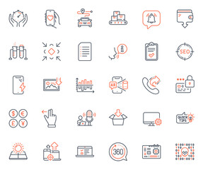 Technology icons set. Included icon as Dating app, 360 degrees and Timer web elements. Get box, Web lectures, Document icons. Binary code, Seo devices, Wholesale goods web signs. Vector