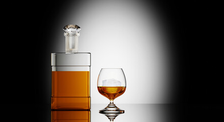 3D Whiskey bottle and glass of whisky with some ice on shiny black background