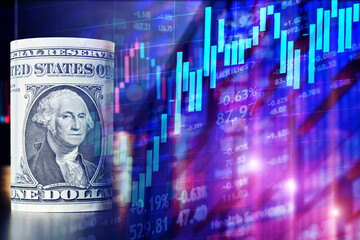 Financial abstract background with coins, USA dollars, candlestick charts as finance or business concept