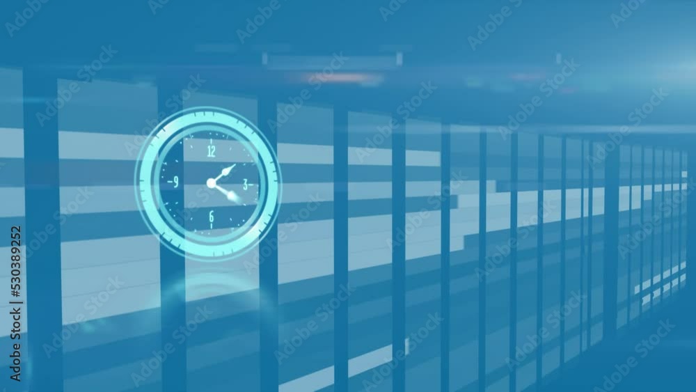 Fototapete animation of moving clock over graph and data processing