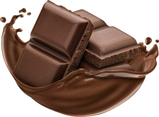 Chocolate pieces with chocolate splash isolated 